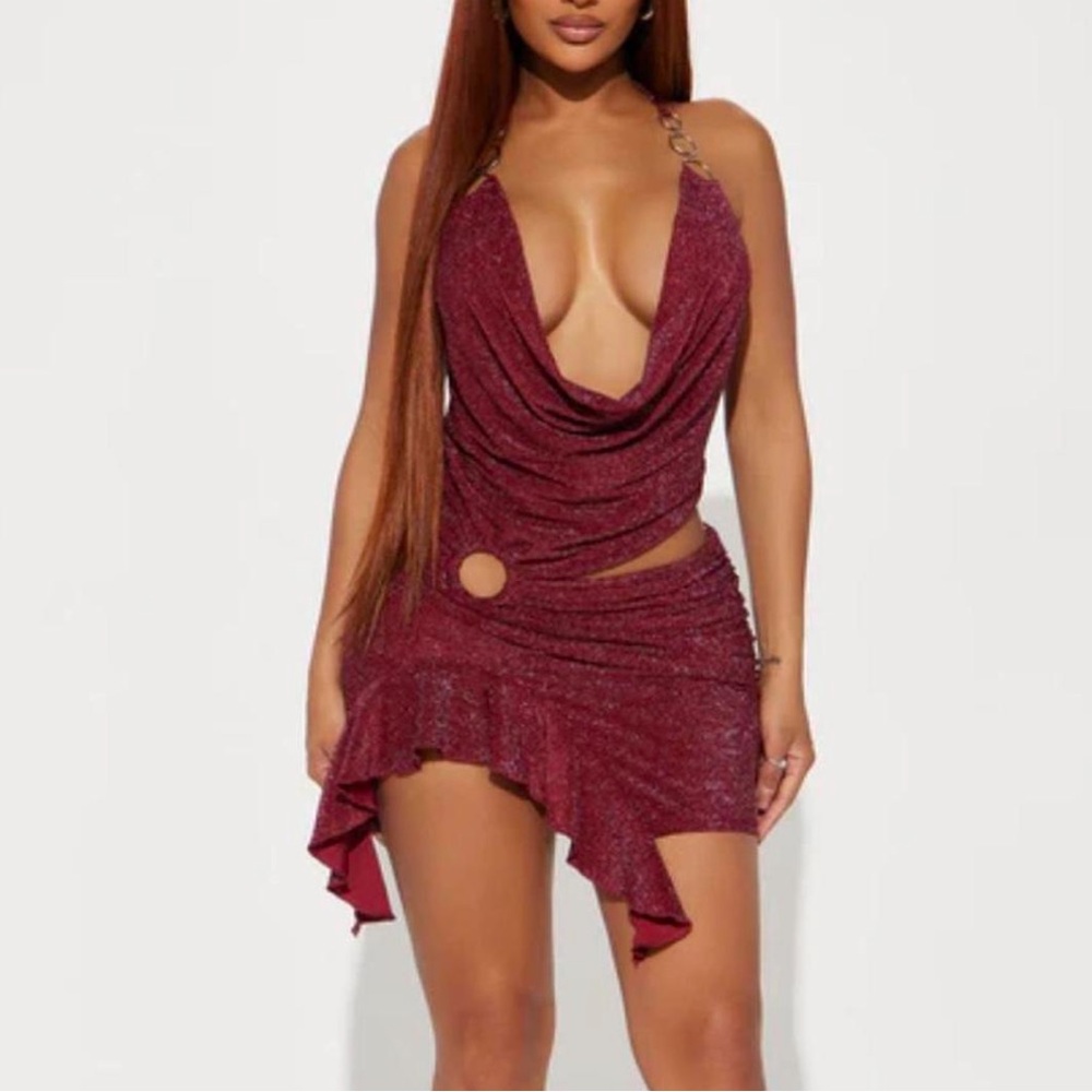 Fashion Nova Burgundy Asymmetrical Dress